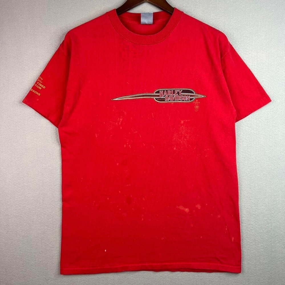 Vintage Harley Davidson 3D Emblem Billy Buddes Custom Motorcycle Red Tee Shirt